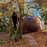 Wooden eco-cabin at Rubha Phoil permaculture project on the Isle of Skye, surrounded by forest and natural landscape